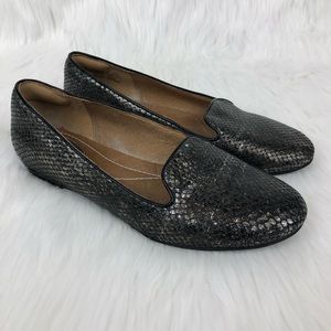 Clarks Leather Metallic Reptile Loafers Flats